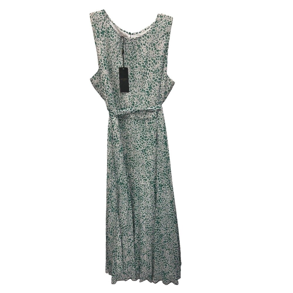 Hobbs London Blythe Dress Midi Green white sleeveless Belt Pleated New Zip 14